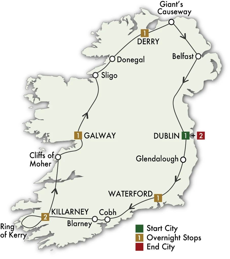 9 Day Irish Adventure Itinerary Map